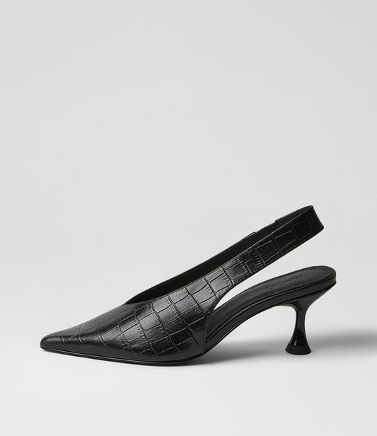 Image of Heels. Productname: Finh Black Croc Leather Pump Heels in Black colour by brand - MOLLINI