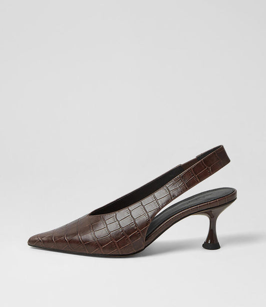Image of Heels. Productname: Finh Choc Croc Leather Pump Heels in Choc colour by brand - MOLLINI