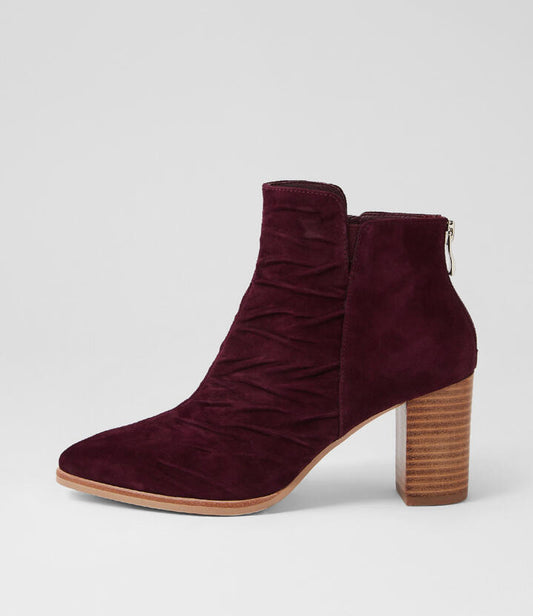 Image of Boots. Productname: Atchoo Burgundy Natural Suede Ankle Boots in Burgundy-Natural Heel colour by brand - MIDAS