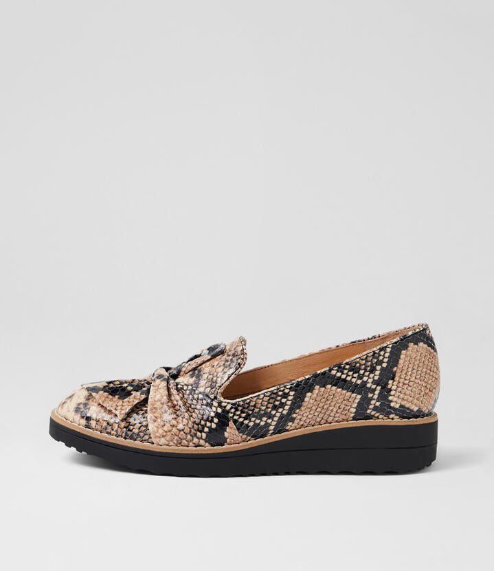 Image of Shoes. Productname: Opitto Black Caramel Snake Leather Flat Shoes in Black&Caramel colour by brand - MIDAS