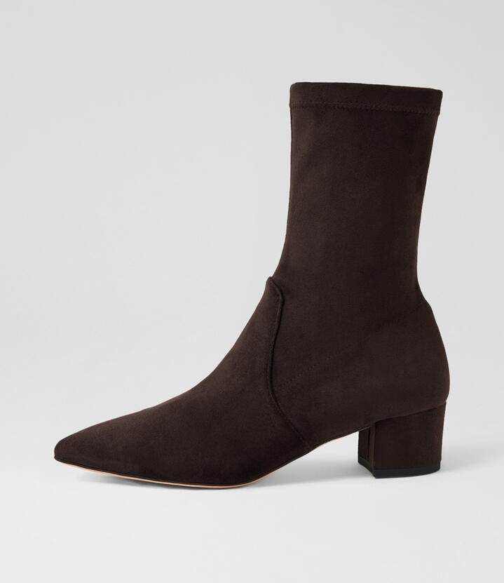Image of Boots. Productname: Atlanta Choc Stretch Microsuede Ankle Boots in Choc colour by brand - MIDAS