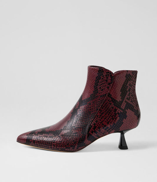 Image of Boots. Productname: Vimto Wine Snake Leather Ankle Boots in Wine colour by brand - MIDAS