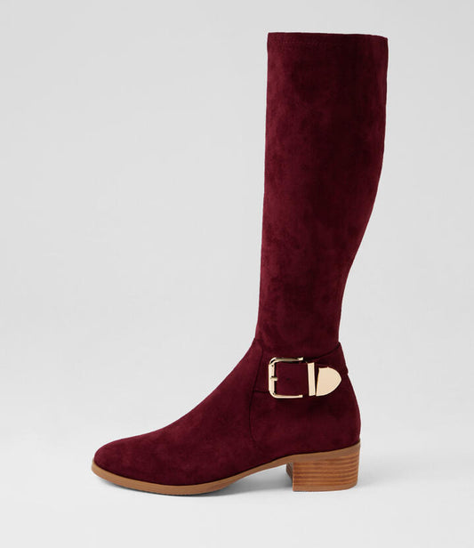Image of Boots. Productname: Tabloid Burgundy Microsuede Knee High Boots in Burgundy colour by brand - MIDAS