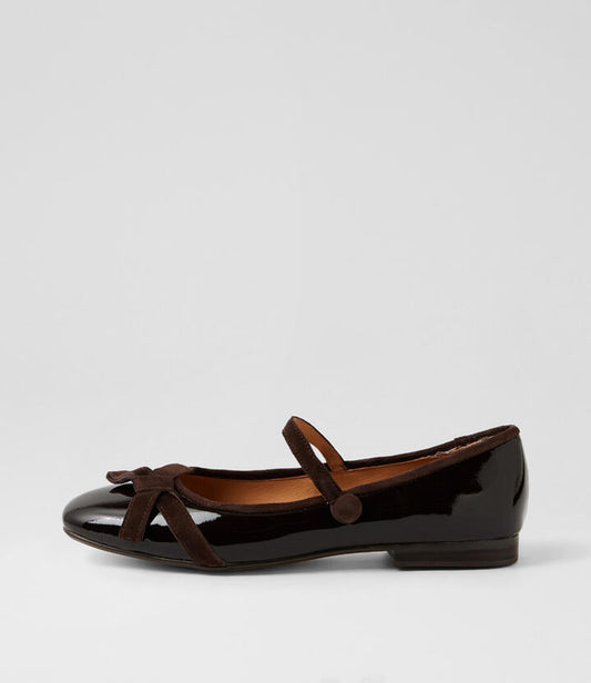 Image of Shoes. Productname: Mabello Choc Patent Leather Ballet Flats in Choc colour by brand - MIDAS