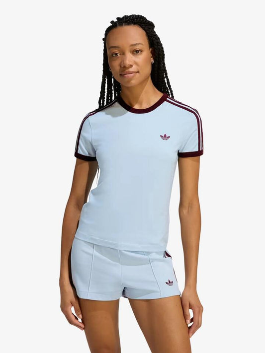 Image of T-Shirts. Productname: Adidas 3 Stripes Slim Tee in Crystal Sky/Maroon colour by brand - Adidas