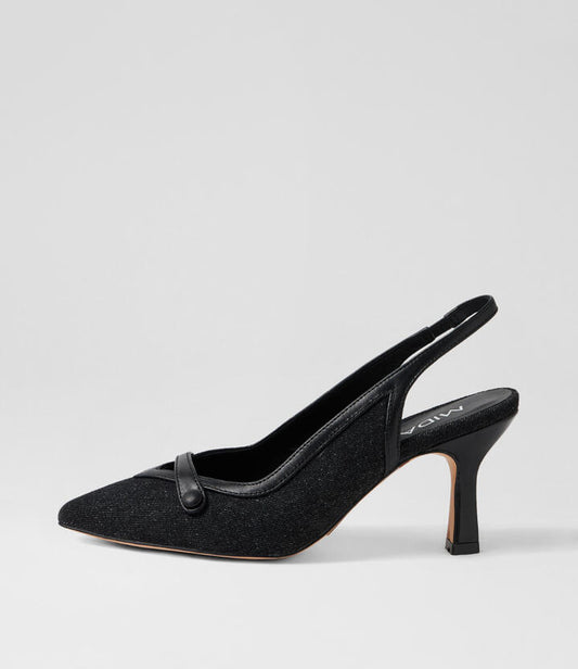 Image of Jeans. Productname: Lorient Black Denim Fabric Leather Heels in Black Denim-Black colour by brand - MIDAS