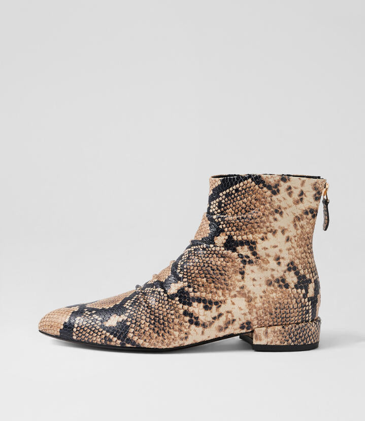 Image of Boots. Productname: Elmoe Black Caramel Snake Leather Ankle Boots in Black&Caramel Snake colour by brand - MIDAS