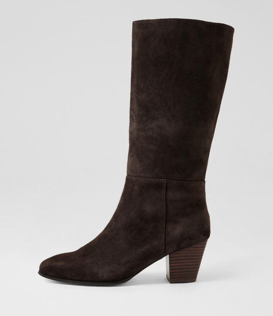Image of Boots. Productname: Roka Choc Suede Knee High Boots in Choc colour by brand - MIDAS