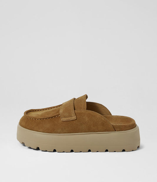 Image of Sandals. Product name - Kravitz Tan Suede Mules in Tan-Tan Sole colour by brand - MOLLINI
