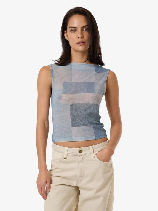 Image of a model wearing Tops. Productname: Thrills Shades Of Indigo Mesh Tank in Blue colour by brand - Thrills