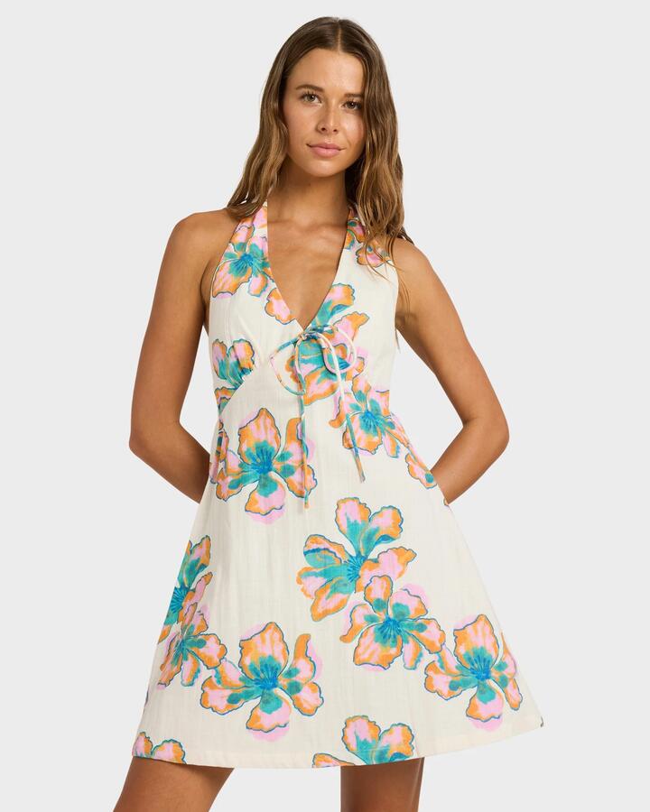 Image of a model wearing Tops. Product name - Billabong Womens Sweet Escape Halter Mini Dress Salt Crystal in Salt Crystal colour by brand - Billabong