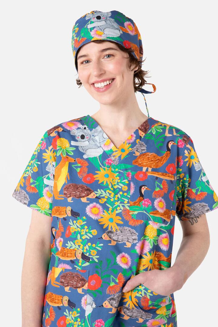 Image of Hats. Productname: Bush Tapestry scrub hat in Blue colour by brand - Scrubs With Love