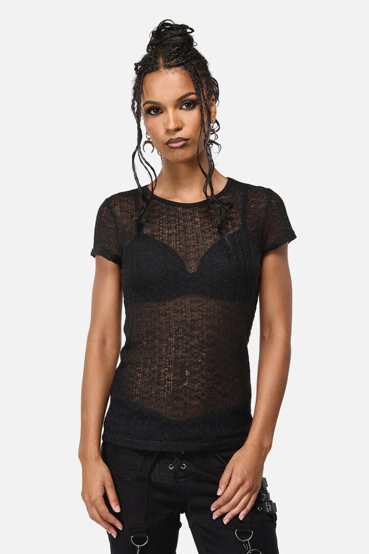 Image of a model wearing Tops. Productname: Suffer Mesh Goth Top in Black colour by brand - Black Friday