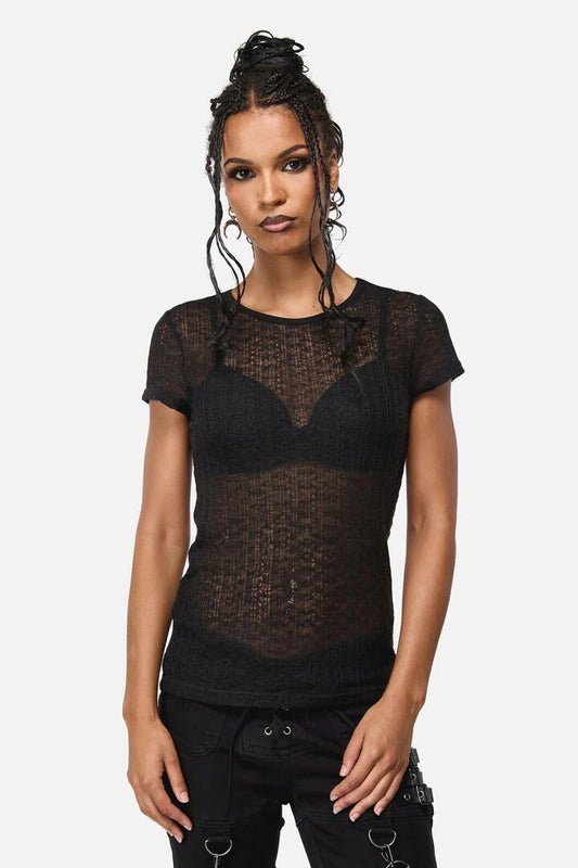 Image of a model wearing Tops. Productname: Suffer Mesh Goth Top in Black colour by brand - Black Friday