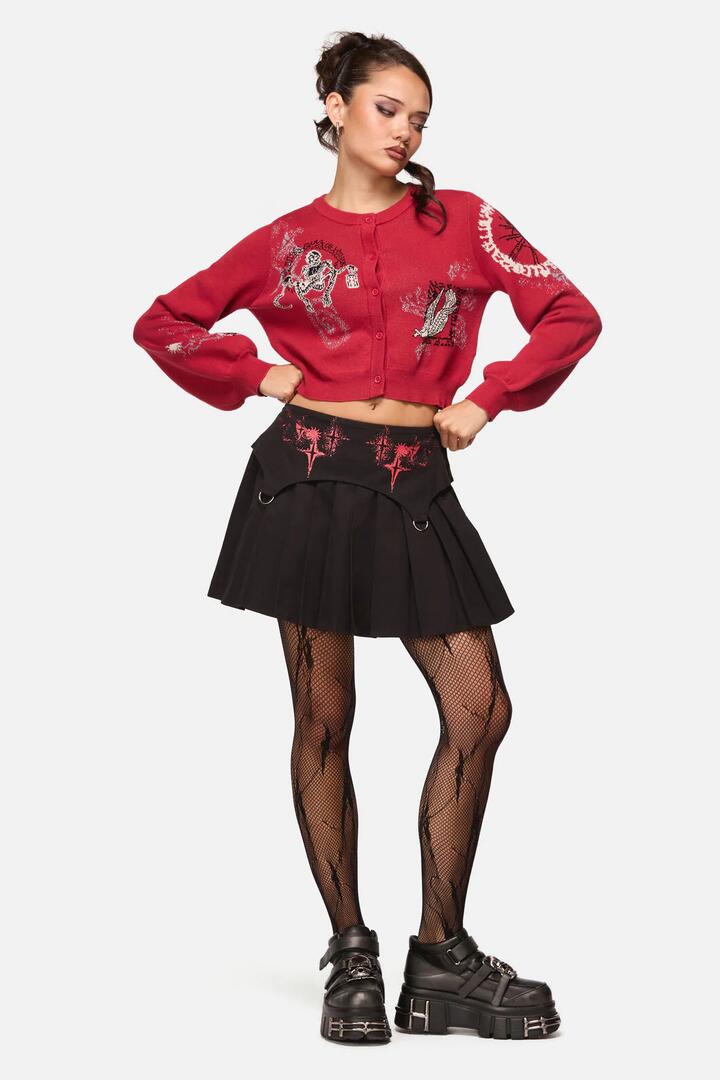 Image of a model wearing Skirts. Productname: Angelic Goth Mini Skort in Black colour by brand - Black Friday