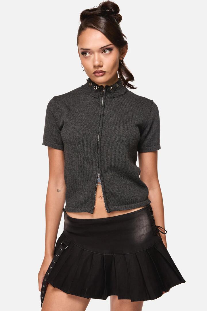 Image of a model wearing Outerwear. Productname: Afterlife Goth Zip Cardi in Grey colour by brand - Black Friday