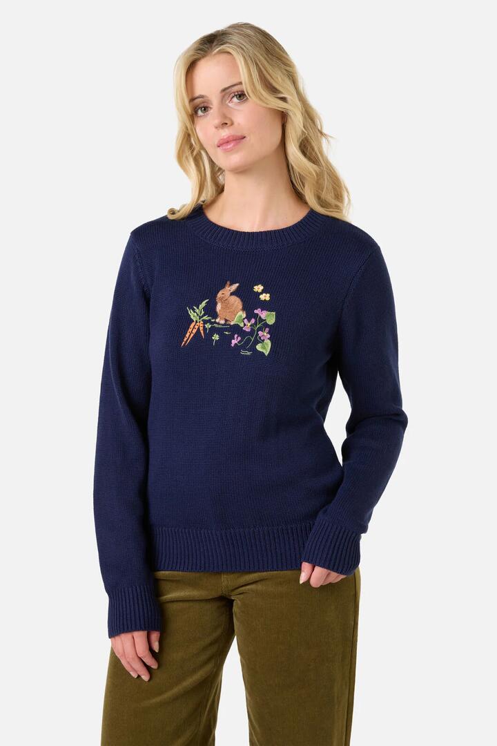 Image of a model wearing Outerwear. Productname: Lola Rabbit Embroidered Jumper in Navy colour by brand - Princess Highway