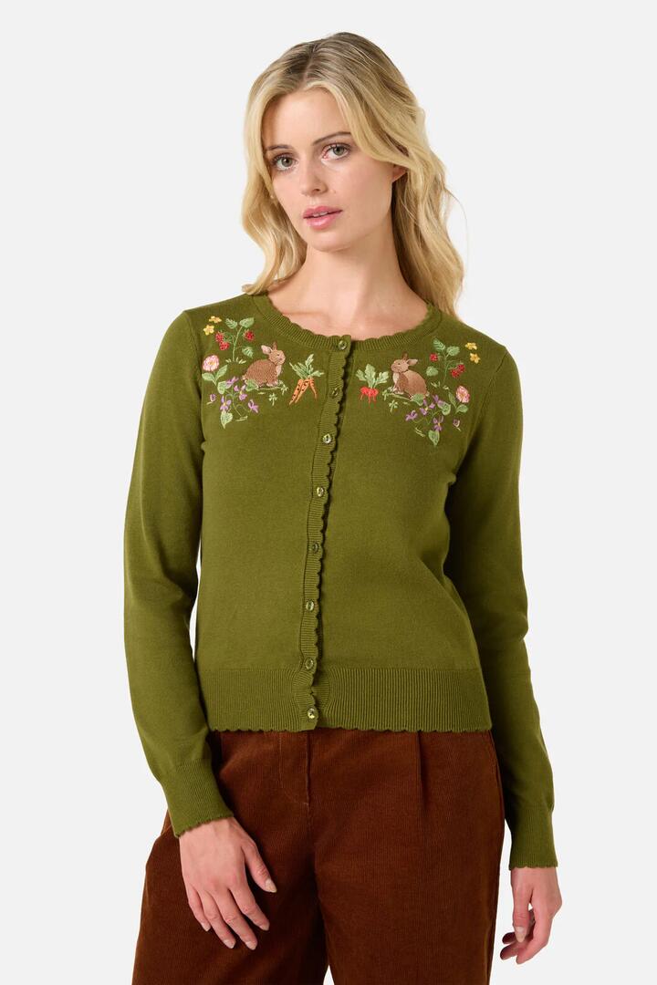Image of Cardigans. Product name - Lola Rabbit Embroidered Cardigan in Olive Green colour by brand - Princess Highway