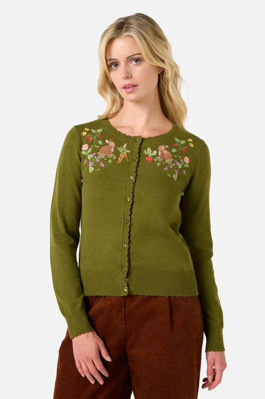 Image of Cardigans. Product name - Lola Rabbit Embroidered Cardigan in Olive Green colour by brand - Princess Highway