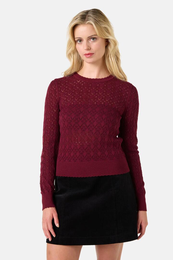 Image of a model wearing Tops. Productname: Annabelle Fancy Knit Top in Burgundy colour by brand - Princess Highway