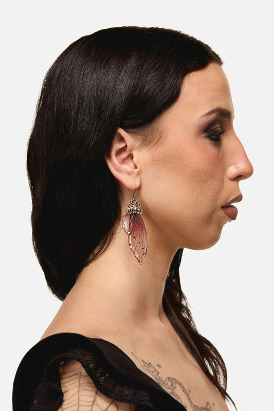 Image of Earrings. Productname: Plum Ornate Wing Earrings in Plum colour by brand - Dangerfield