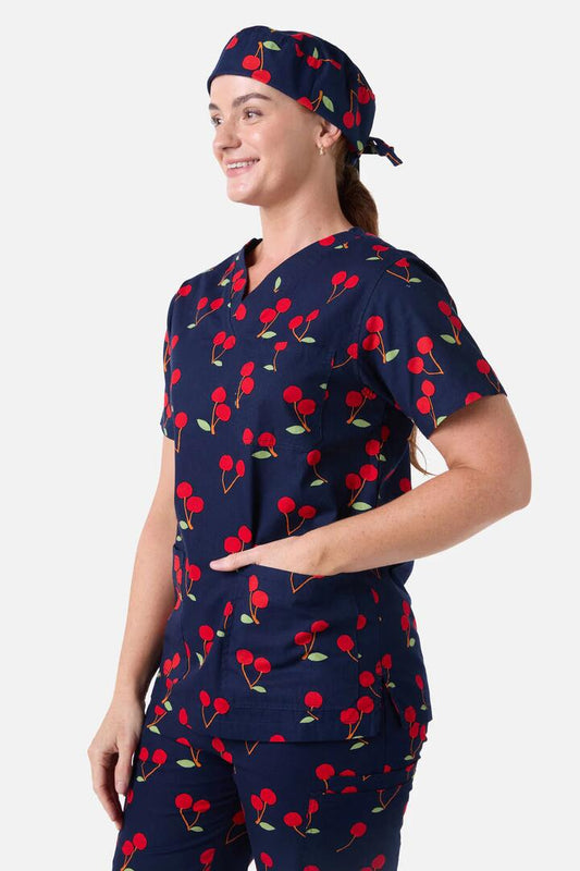 Image of Hats. Productname: Sweet Cherry Scrub Hat in Navy colour by brand - Scrubs With Love