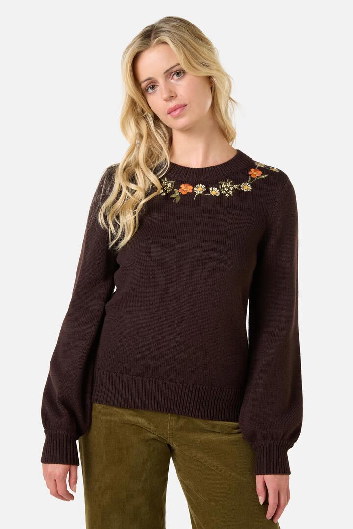 Image of a model wearing Outerwear. Productname: Gloria Embroidered Jumper in Chocolate colour by brand - Princess Highway