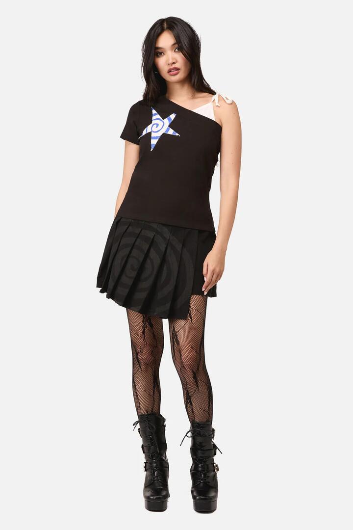 Image of a model wearing Tops. Productname: Whirl Jersey Asymmetrical Tee in Black/White colour by brand - Dangerfield