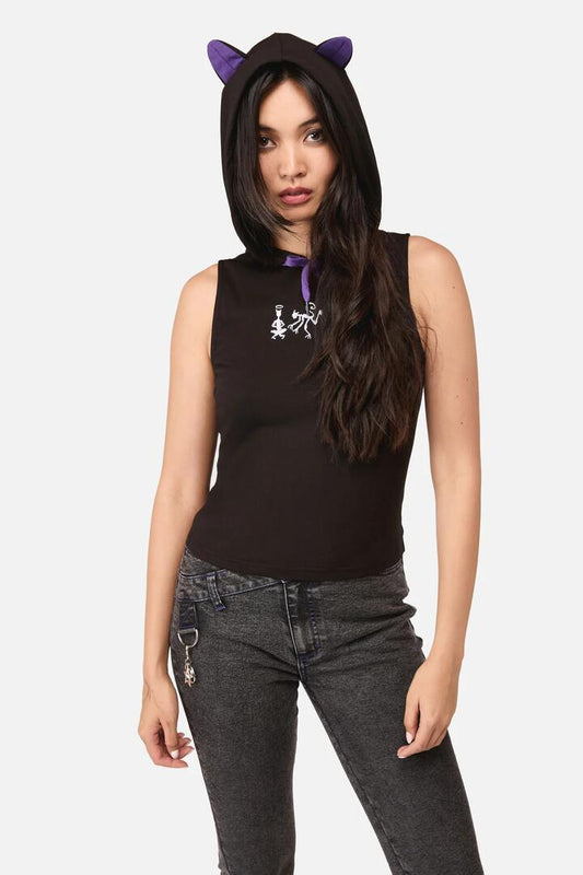 Image of a model wearing Outerwear. Productname: Whirl Fitted Hoodie Tank Top in Black colour by brand - Dangerfield