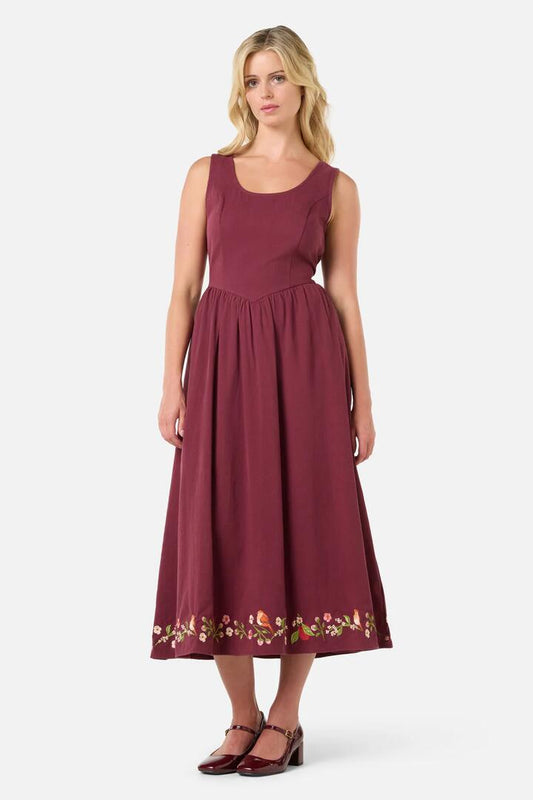 Image of Dresses. Product name - Apple & Robin Embroidered Midi Dress in Wine colour by brand - Princess Highway
