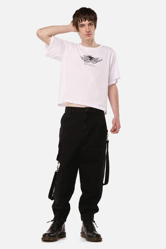 Image of a model wearing Pants. Productname: Midnight Strap Cargo in Black colour by brand - Black Friday