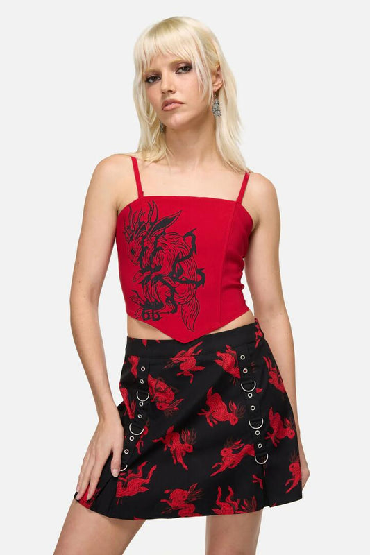 Image of a model wearing Tops. Productname: Hop It Goth Corset Top in Red colour by brand - Dangerfield