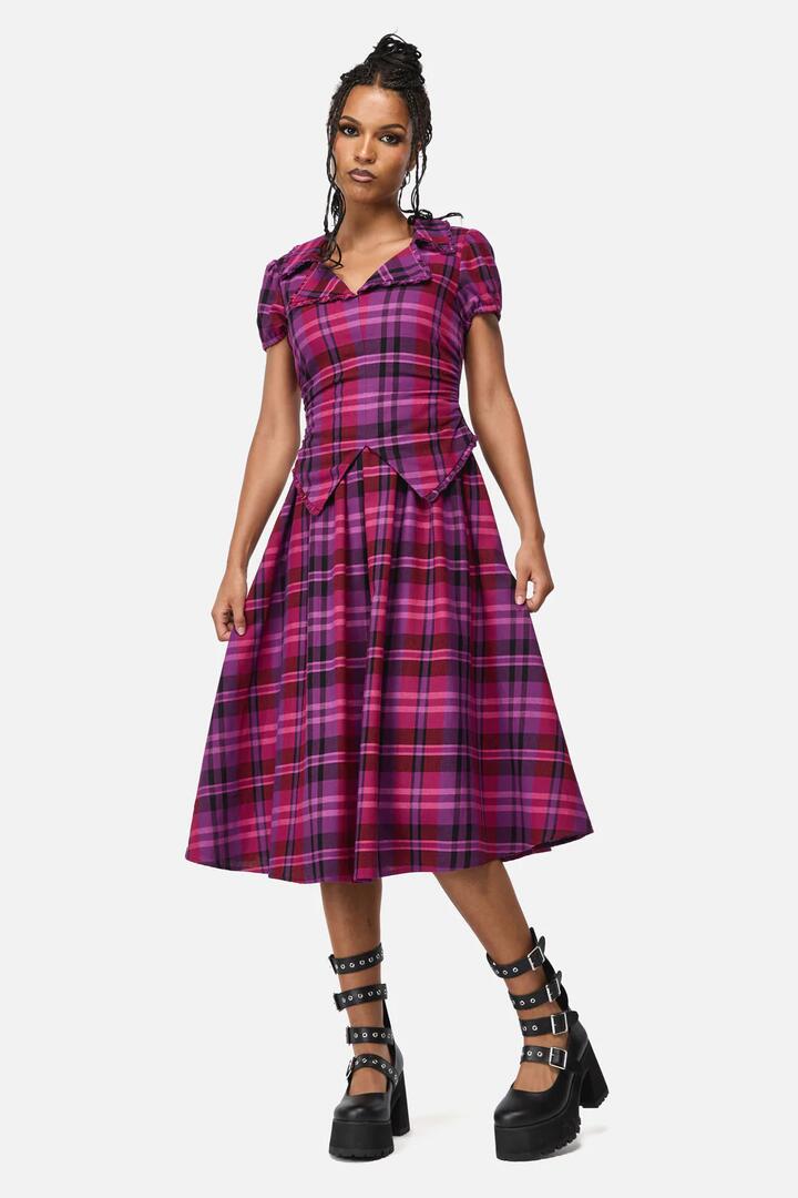 Image of Dresses. Productname: Luna Goth Tartan Midi Dress in Plum colour by brand - Black Friday