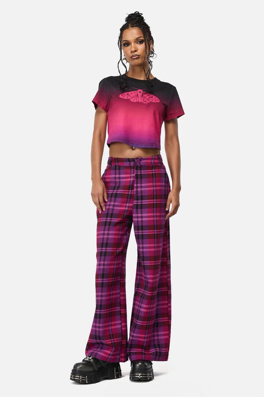 Image of a model wearing Pants. Productname: Luna Wide Leg Goth Pant in Plum colour by brand - Black Friday