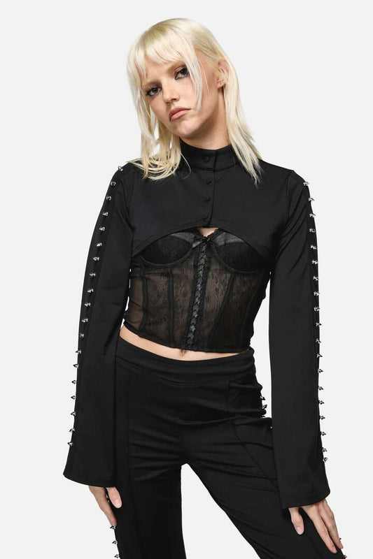 Image of a model wearing Tops. Productname: So Cynical Stud Sleeve in Black colour by brand - Dangerfield