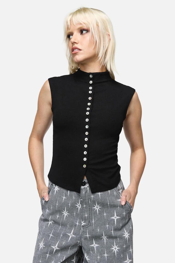 Image of a model wearing Tops. Productname: Constance Button Top in Black colour by brand - Dangerfield