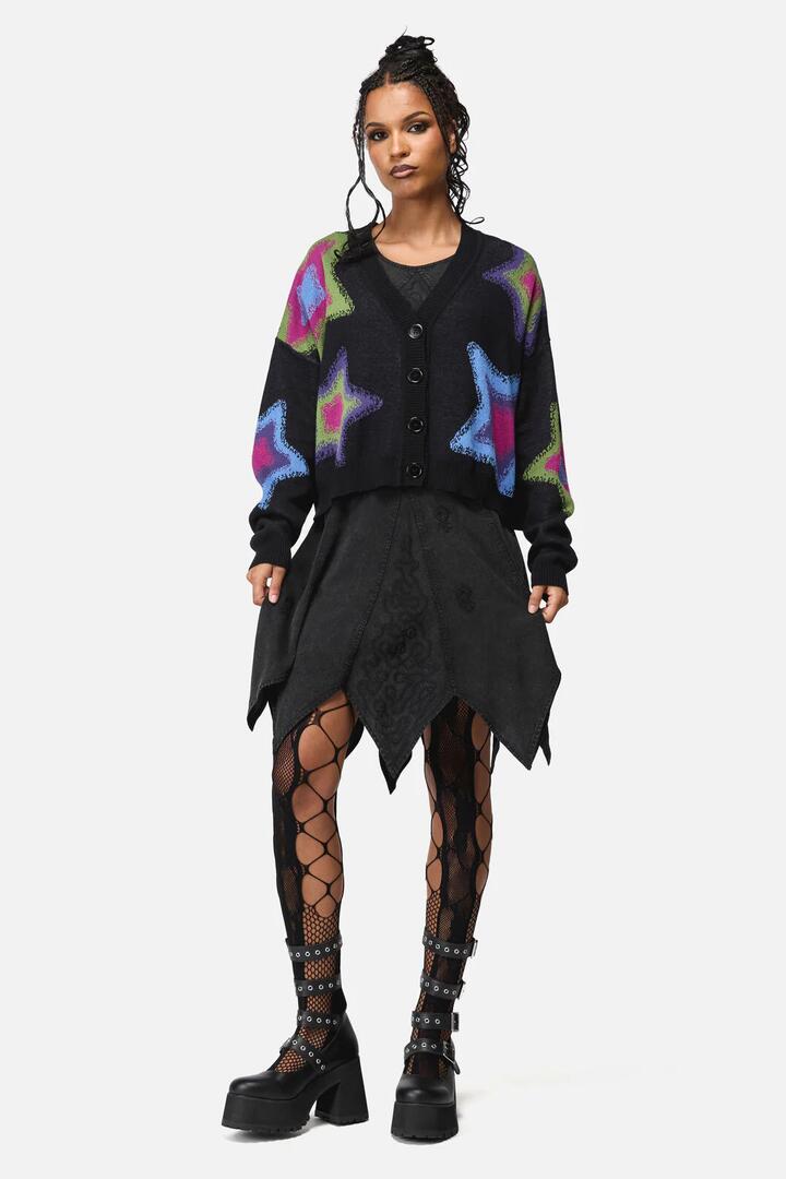 Image of a model wearing Outerwear. Productname: Shine Bright Goth Cardigan in Black colour by brand - Black Friday
