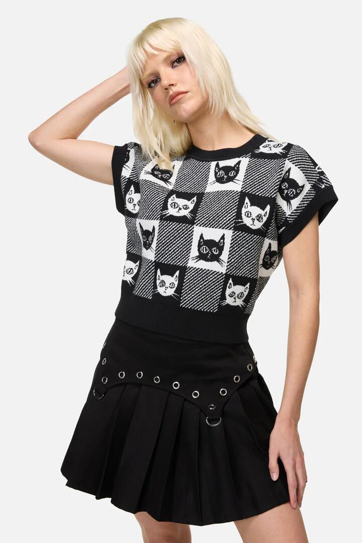 Image of a model wearing Tops. Productname: Atomic Cat Knit in Black/White colour by brand - Dangerfield