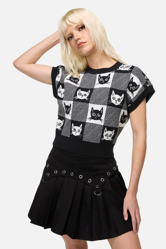 Image of a model wearing Tops. Productname: Atomic Cat Knit in Black/White colour by brand - Dangerfield