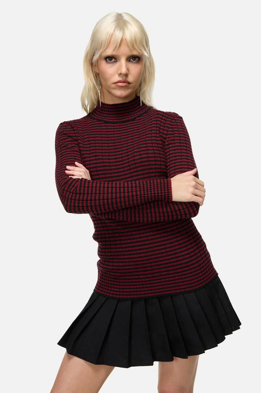 Image of a model wearing Tops. Productname: Jackalope Stripe Goth Knit in Black Red colour by brand - Dangerfield