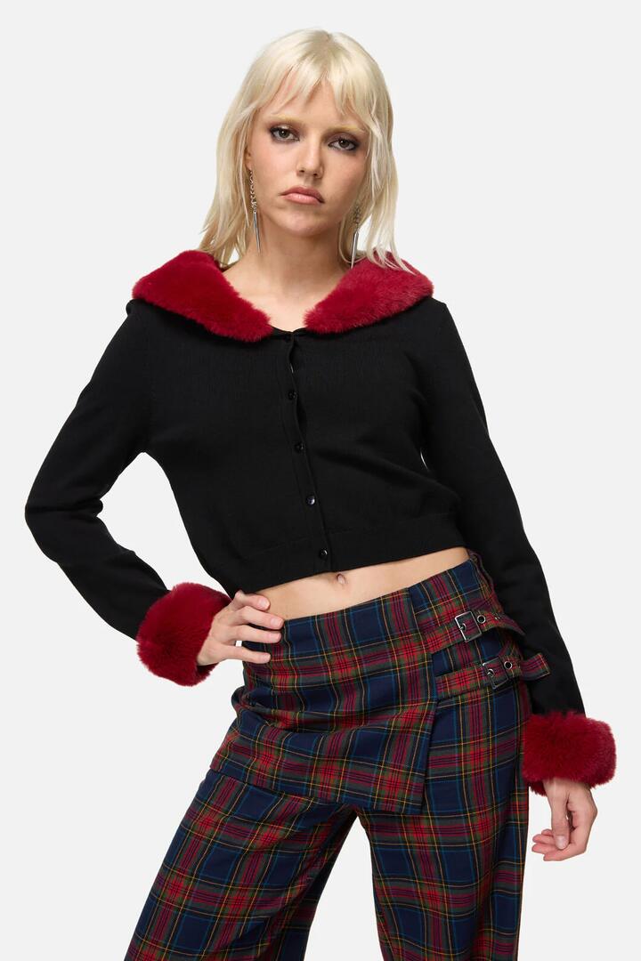 Image of Blouses. Productname: Jackalope Faux Fur Trim Cardi in Black Red colour by brand - Dangerfield