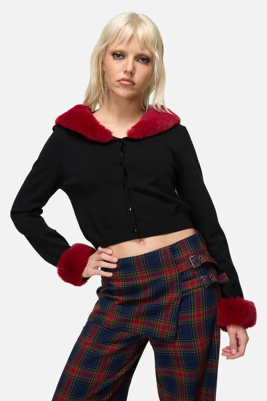 Image of Blouses. Productname: Jackalope Faux Fur Trim Cardi in Black Red colour by brand - Dangerfield