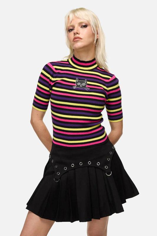 Image of a model wearing Tops. Productname: Atomic Cat Stripe Knit in Multi colour by brand - Dangerfield