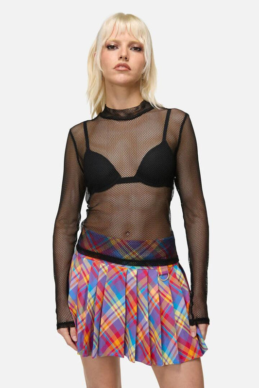 Image of a model wearing Tops. Productname: Mischief Mesh Top in Black colour by brand - Dangerfield