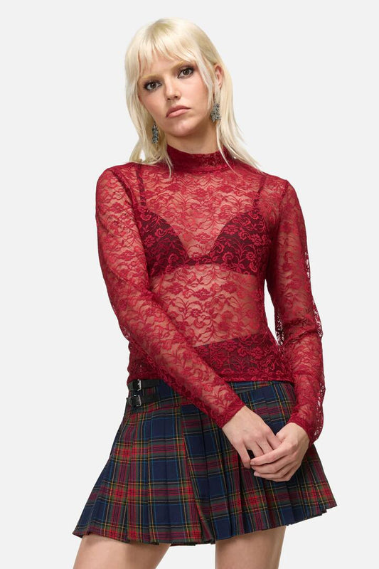 Image of a model wearing Tops. Productname: Lapin Lace Top in Red colour by brand - Dangerfield