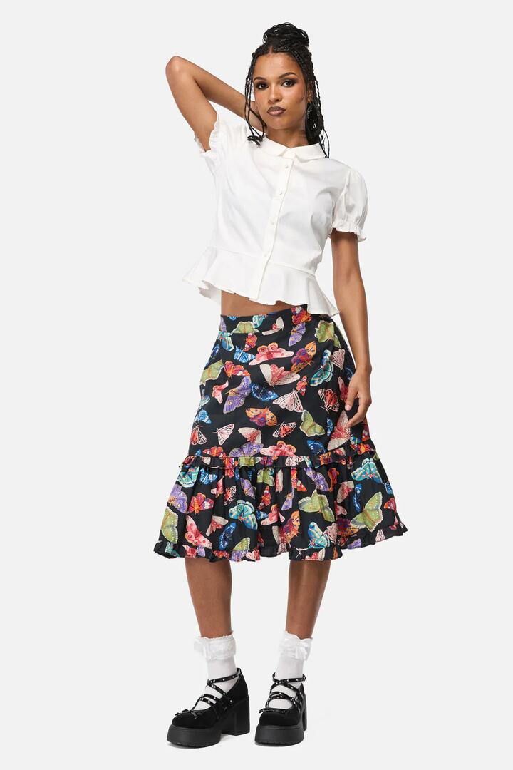 Image of a model wearing Skirts. Productname: Swarm Goth Midi Skirt in Multi colour by brand - Black Friday