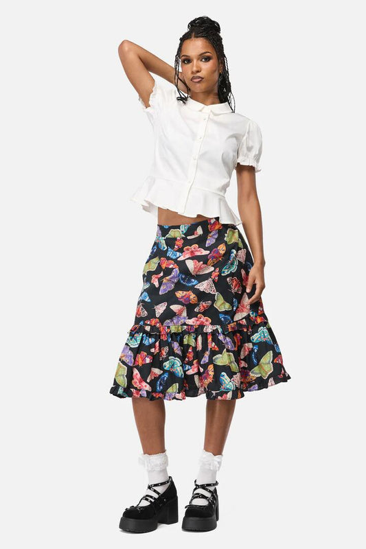 Image of a model wearing Skirts. Productname: Swarm Goth Midi Skirt in Multi colour by brand - Black Friday