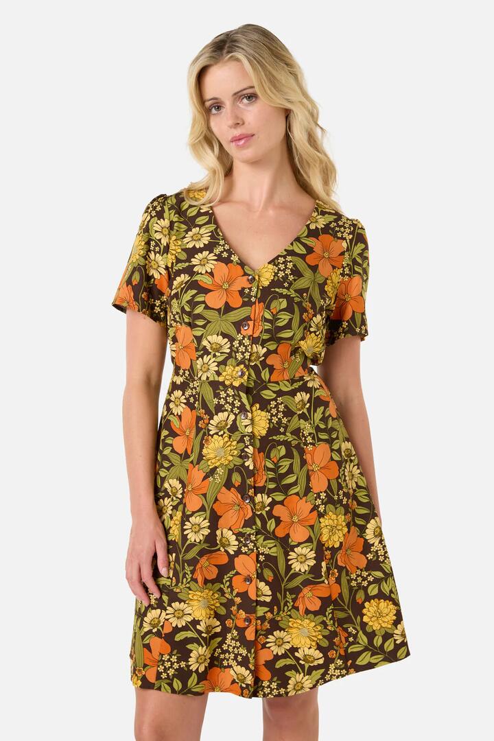 Image of Dresses. Productname: Gloria 70'S Floral Mini Dress in Chocolate colour by brand - Princess Highway