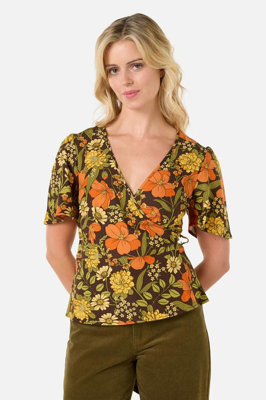 Image of a model wearing Tops. Productname: Gloria 70'S Floral Top in Chocolate colour by brand - Princess Highway