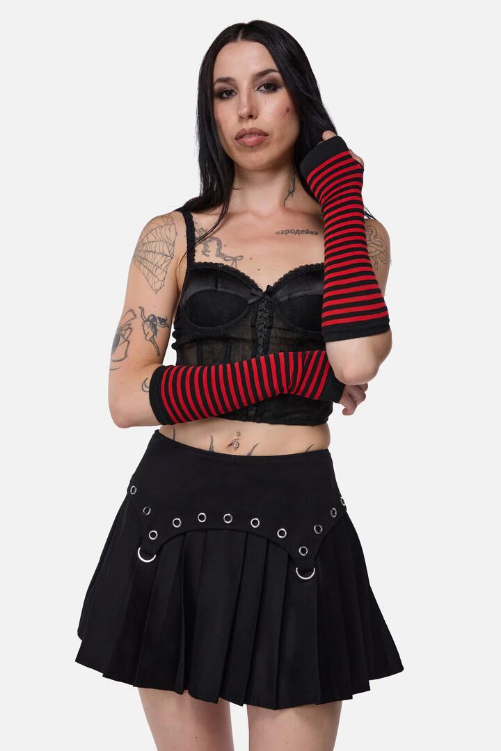 Image of Gloves & Mittens. Productname: Striped Long Fingerless Gloves in Black Red colour by brand - Dangerfield